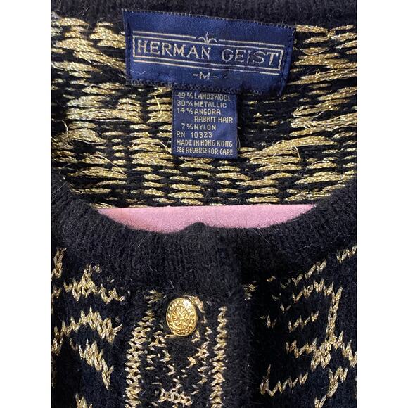 Vintage HERMAN GEIST Black Gold Button Cardigan Lambs Wool Angora MEDIUM Sparkle - Picture 5 of 6